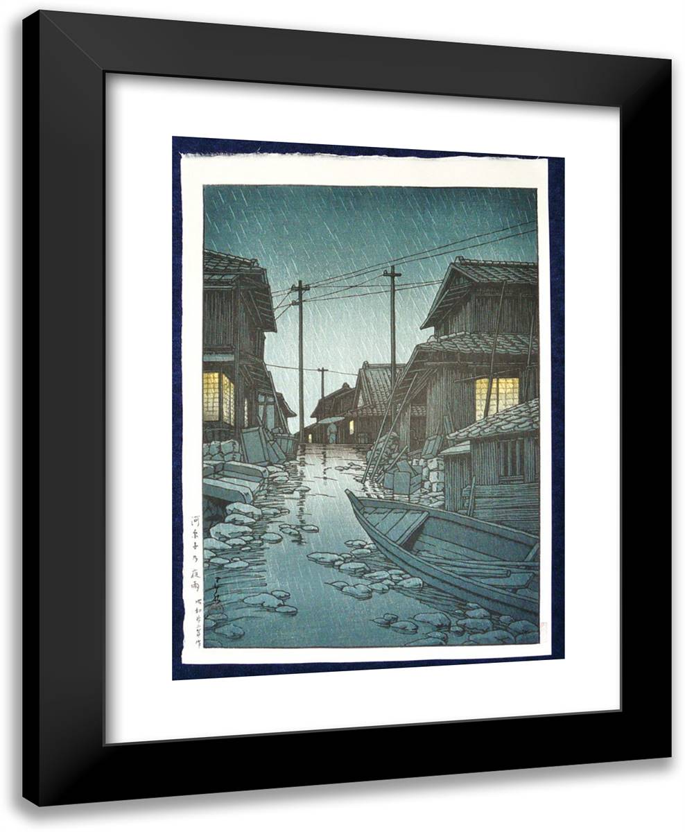 Night Rain at Kawarako, Ibaraki 19x24 Black Modern Wood Framed Art Print Poster by Hasui, Kawase