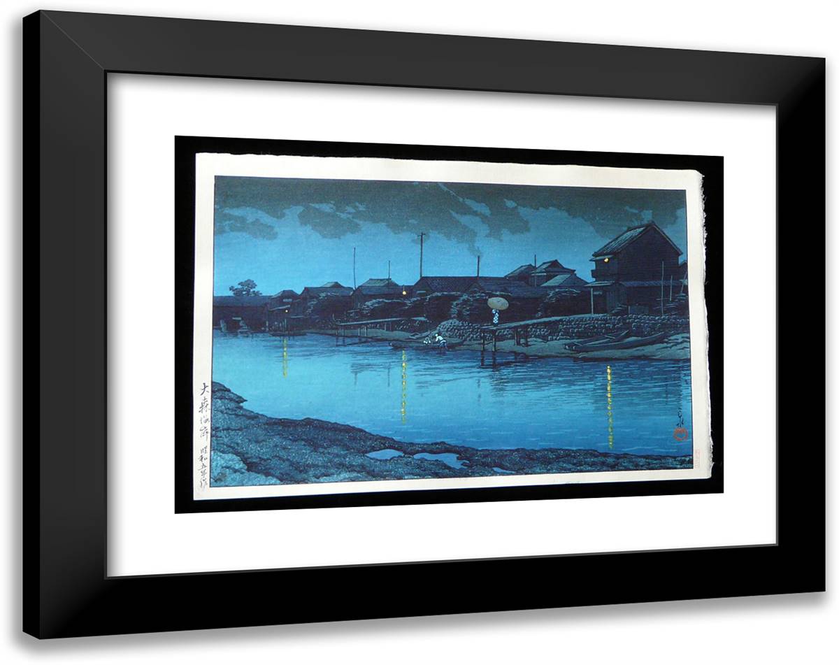 Omori Beach at Night 24x19 Black Modern Wood Framed Art Print Poster by Hasui, Kawase
