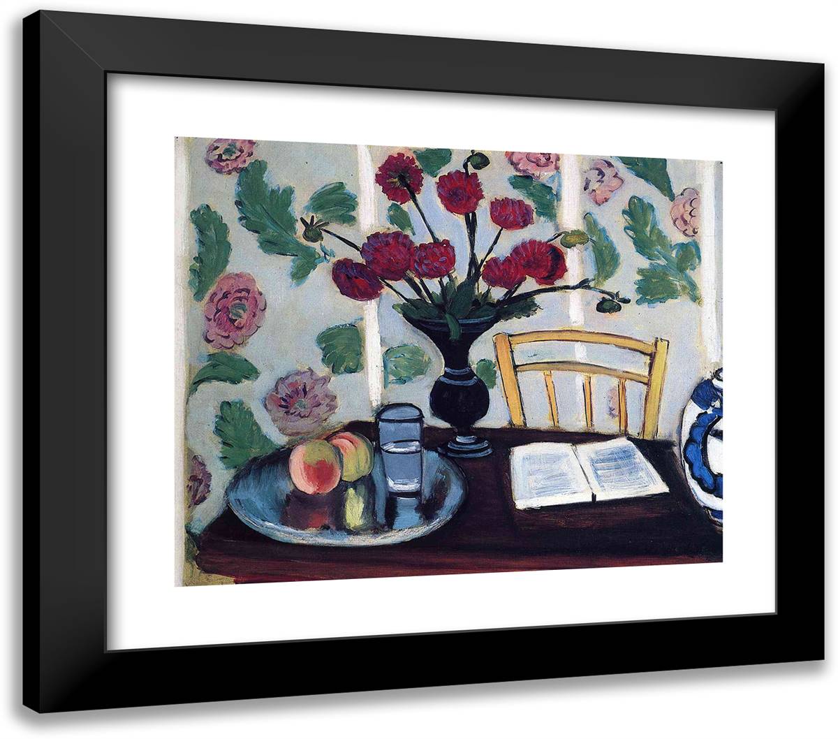 Bouquet of Dahlias and White Book 23x20 Black Modern Wood Framed Art Print Poster by Matisse, Henri