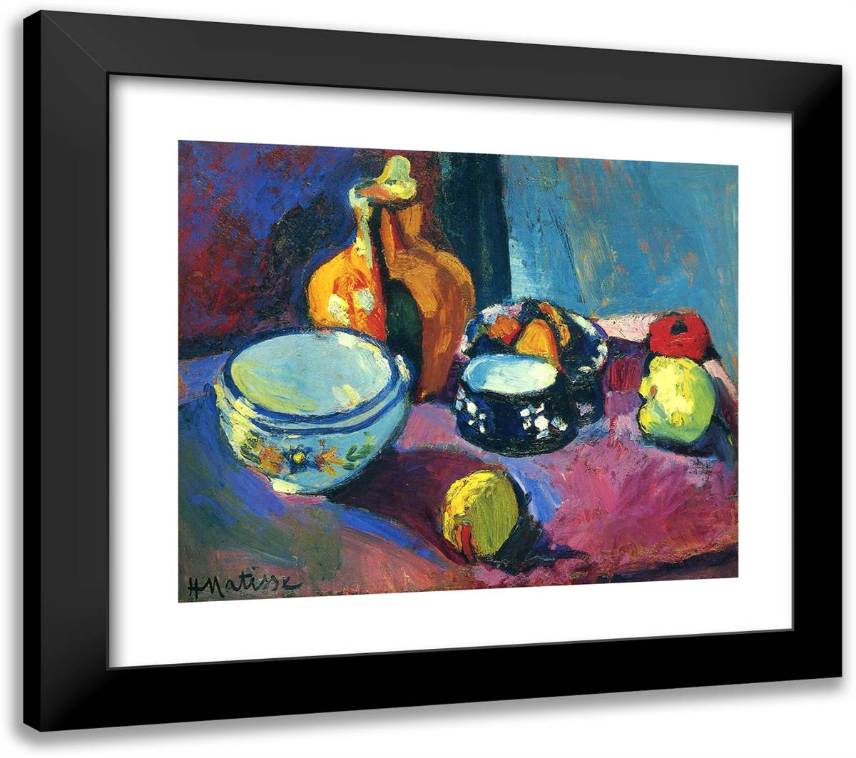 Dishes and Fruit on a Red and Black Carpet 23x20 Black Modern Wood Framed Art Print Poster by Matisse, Henri