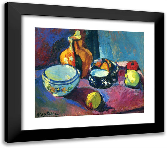 Dishes and Fruit on a Red and Black Carpet 23x20 Black Modern Wood Framed Art Print Poster by Matisse, Henri