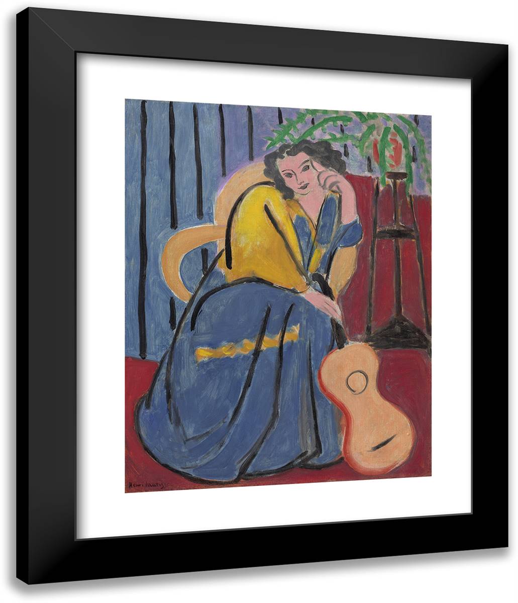 Girl in Yellow and Blue with Guitar 20x24 Black Modern Wood Framed Art Print Poster by Matisse, Henri