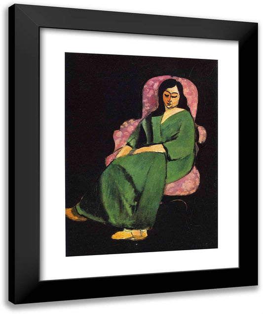 Lorette in a Green Robe Against a Black Background  20x24 Black Modern Wood Framed Art Print Poster by Matisse, Henri