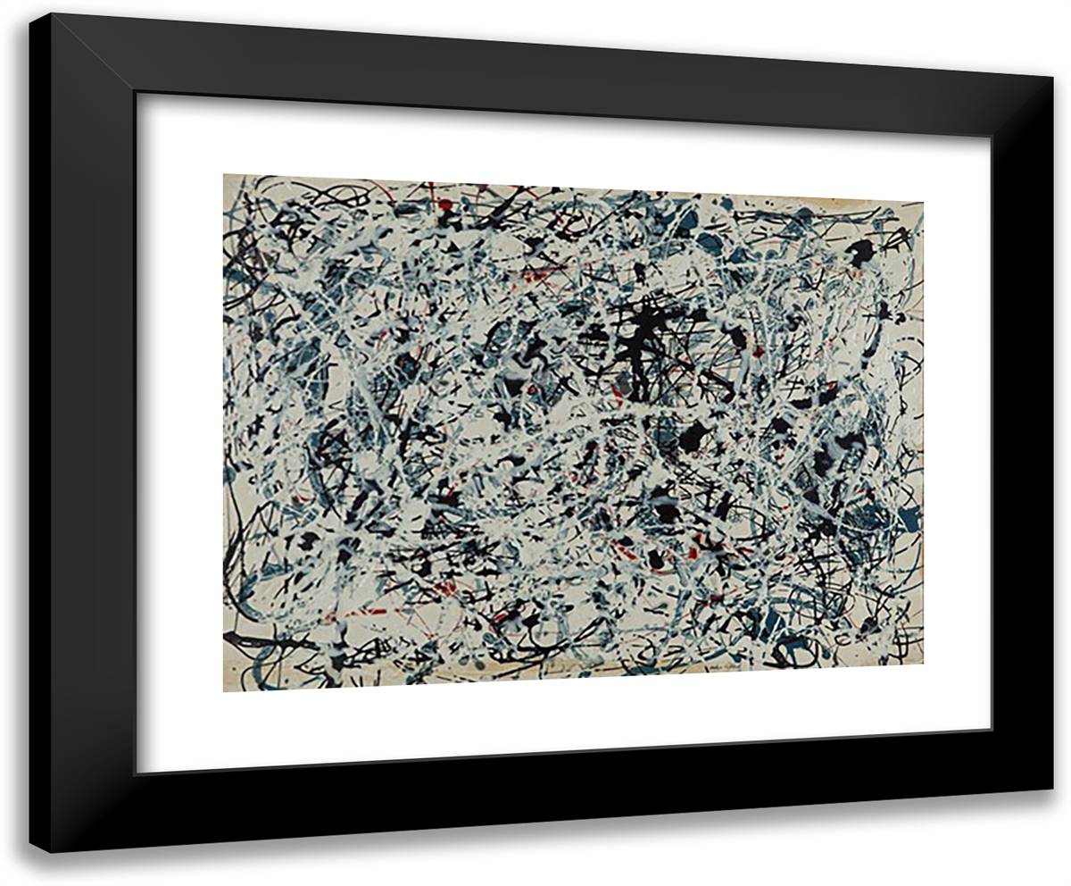 Composition (White, Black, Blue and Red on White) 24x20 Black Modern Wood Framed Art Print Poster by Pollock, Jackson