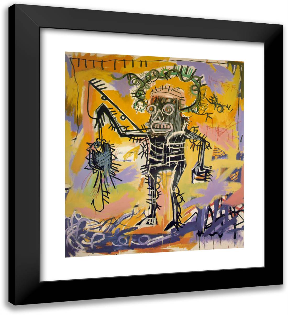 Fishing 20x22 Black Modern Wood Framed Art Print Poster by Basquiat, Jean Michel