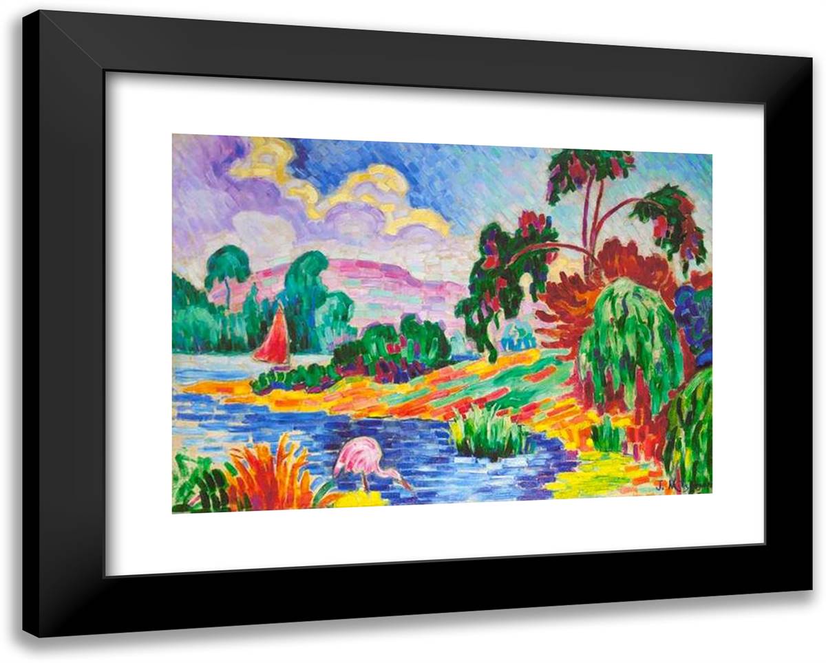 Le Flamant Rose Et Le Voilier  24x19 Black Modern Wood Framed Art Print Poster by Metzinger, Jean