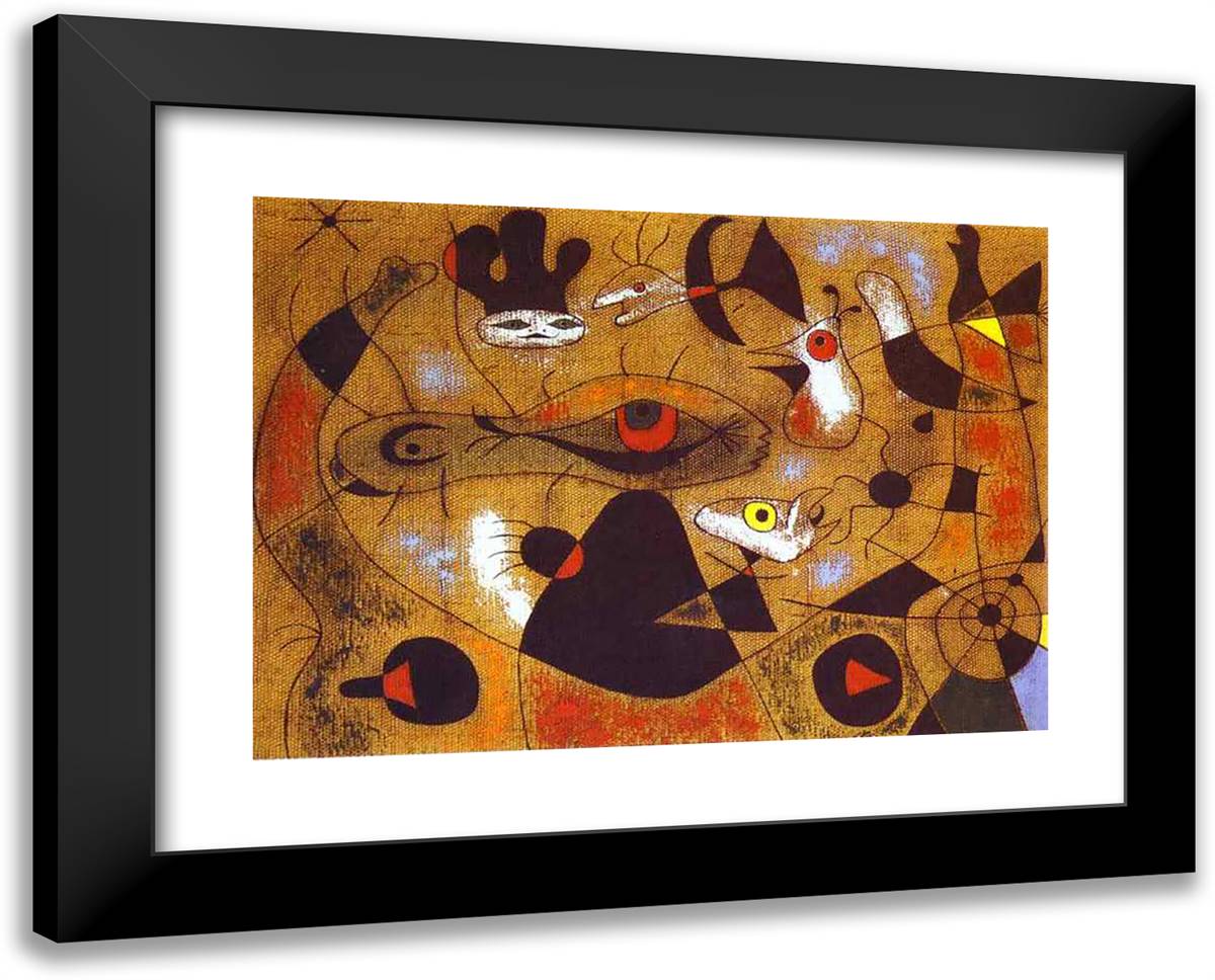 A Dew Drop Falling from a Bird's Wing Wakes Rosalie, Who Has Been Asleep in the Shadow of a Spider's Web 24x19 Black Modern Wood Framed Art Print Poster by Miro, Joan