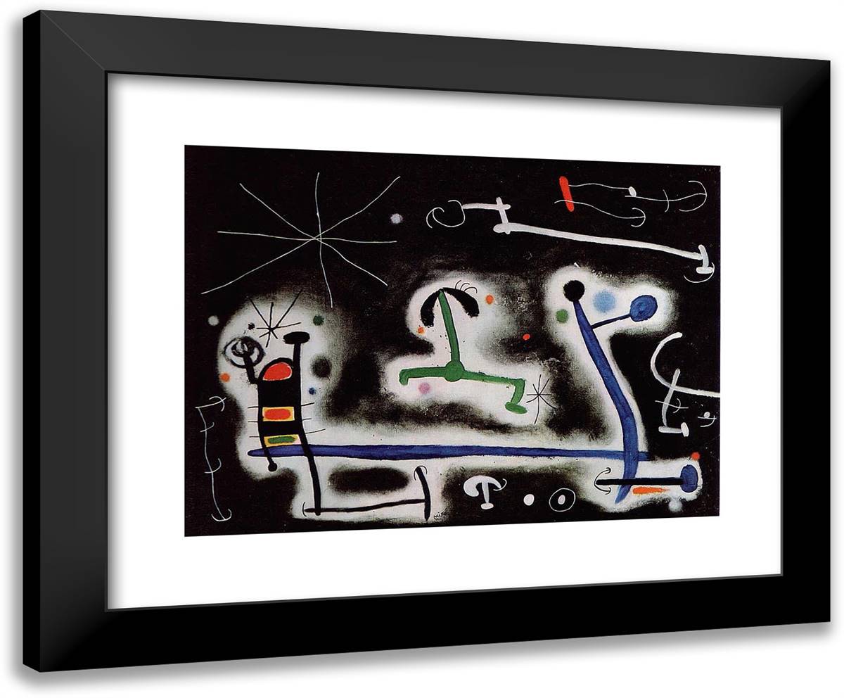 Characters and Birds Party for the Night That Is Approaching 24x20 Black Modern Wood Framed Art Print Poster by Miro, Joan