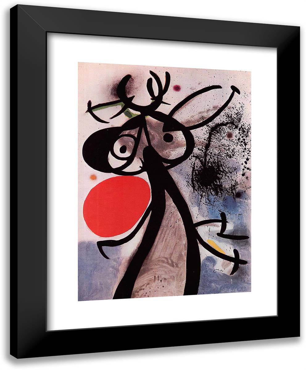 Femme, Oiseaux Devant Le Soleil 19x24 Black Modern Wood Framed Art Print Poster by Miro, Joan