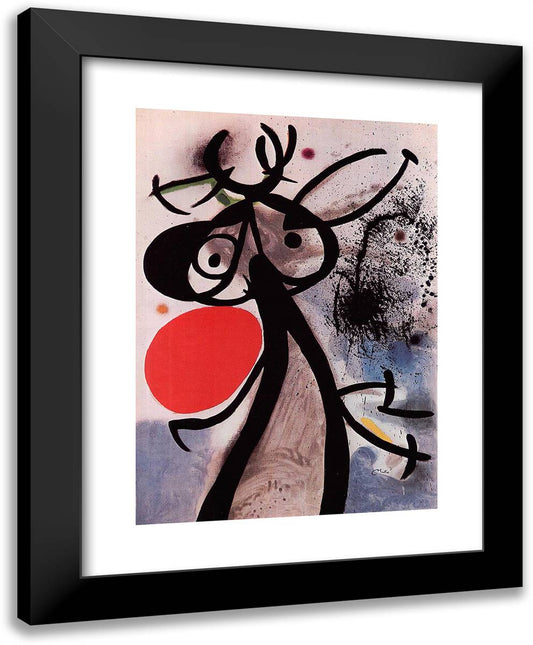 Femme, Oiseaux Devant Le Soleil 19x24 Black Modern Wood Framed Art Print Poster by Miro, Joan