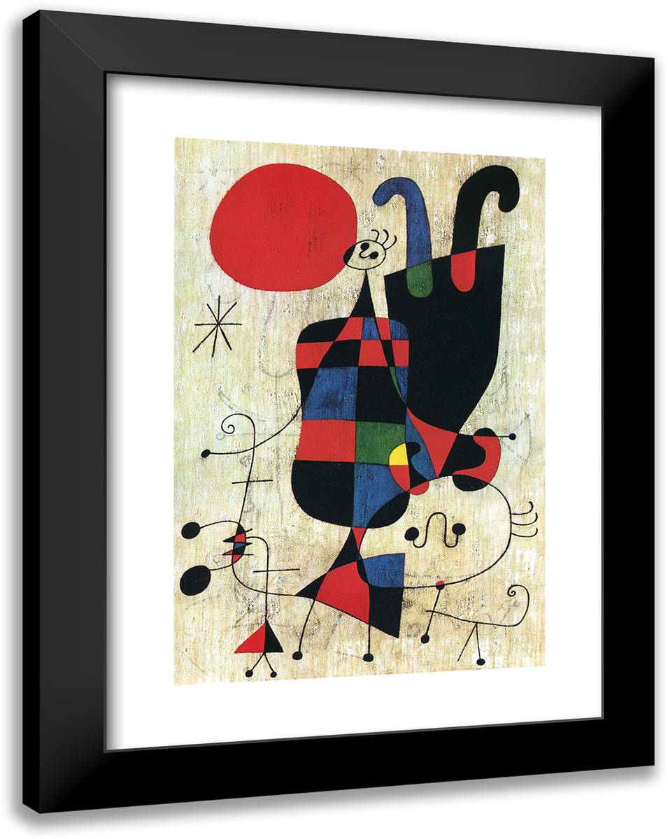 Figures and Dog in Front of the Sun 18x24 Black Modern Wood Framed Art Print Poster by Miro, Joan