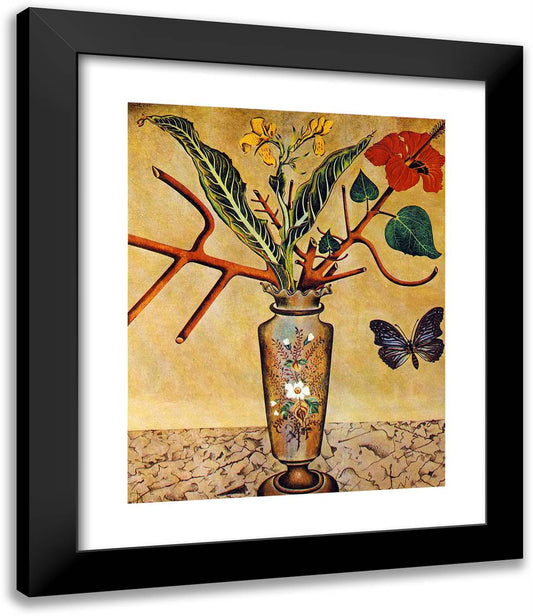 Flowers and Butterfly 20x24 Black Modern Wood Framed Art Print Poster by Miro, Joan