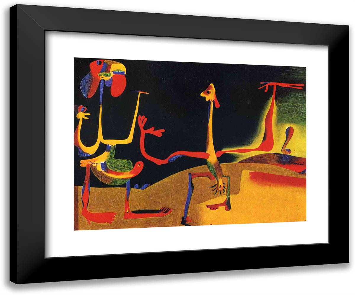 Man and Woman in Front of a Pile of Excrement 24x20 Black Modern Wood Framed Art Print Poster by Miro, Joan