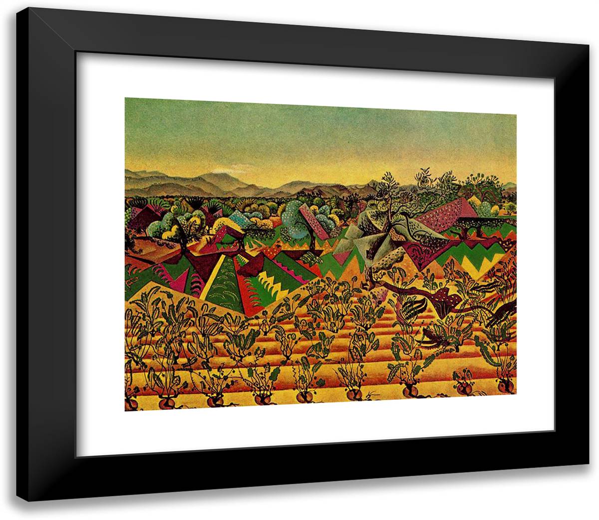 Mont-Roig VIneyards and Olive Tree 23x20 Black Modern Wood Framed Art Print Poster by Miro, Joan