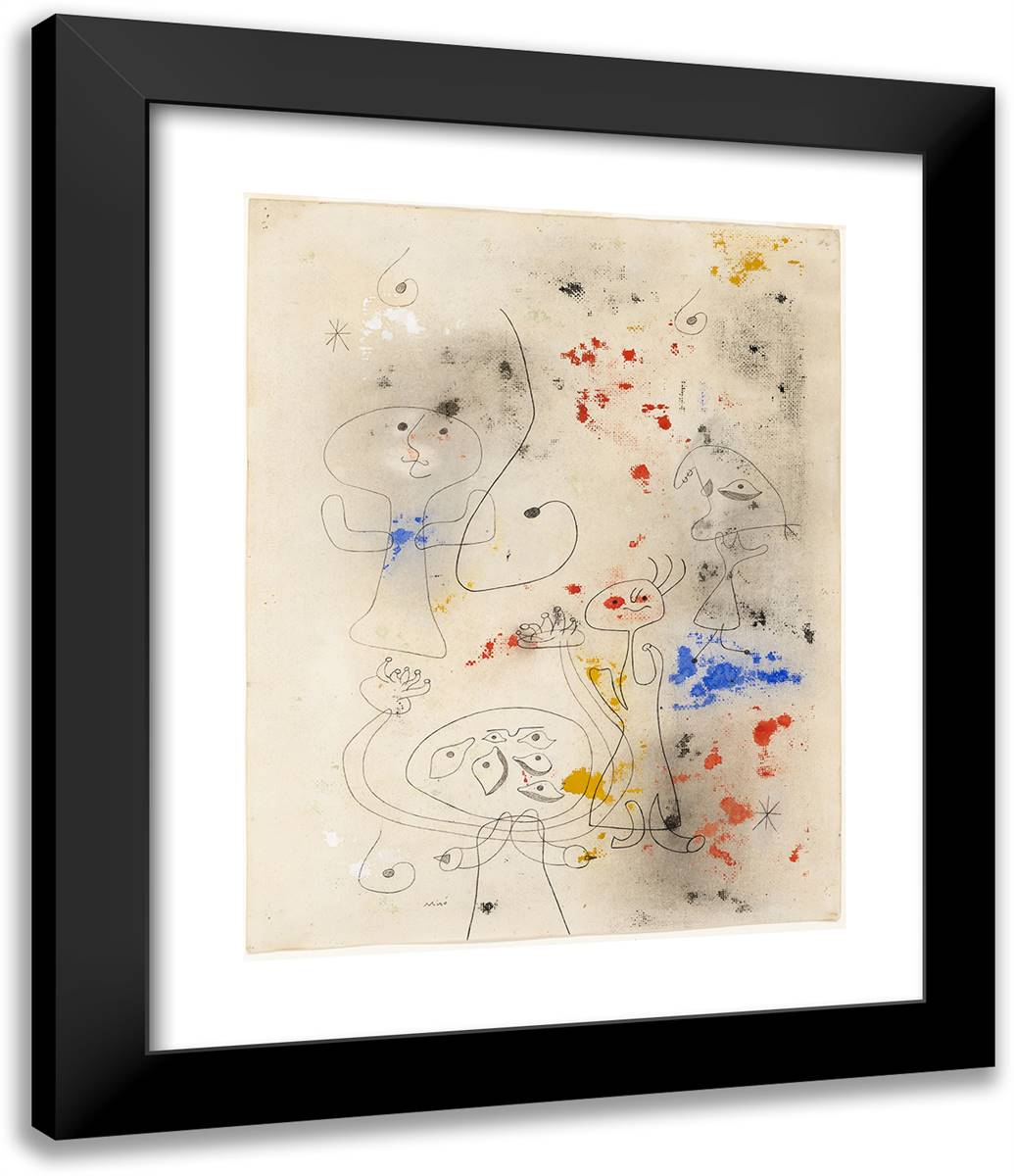 People, Birds, and Stars 20x24 Black Modern Wood Framed Art Print Poster by Miro, Joan