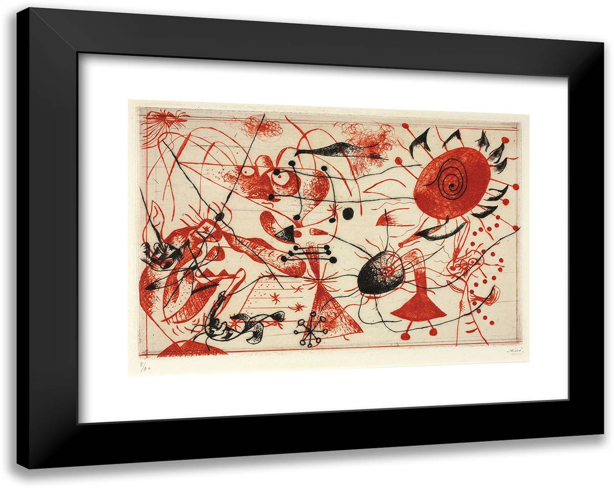 Plate Seven, from Black and Red Series 24x19 Black Modern Wood Framed Art Print Poster by Miro, Joan