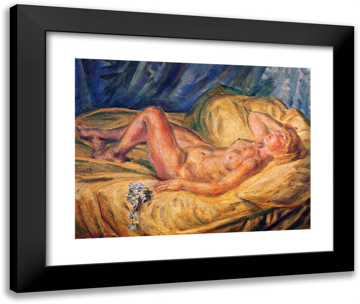 Blond Nude and Flowers 24x20 Black Modern Wood Framed Art Print Poster by Sloan, John French