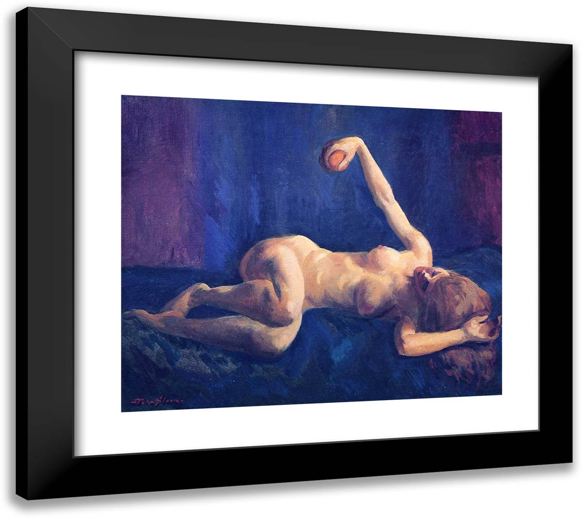 Blond Nude with Orange, Blue Couch 22x20 Black Modern Wood Framed Art Print Poster by Sloan, John French