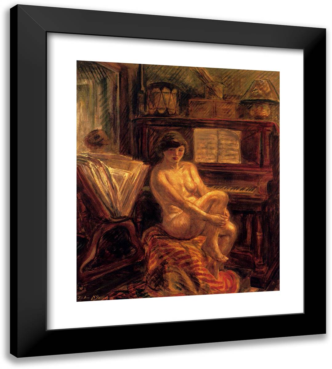 Nude at Piano 20x22 Black Modern Wood Framed Art Print Poster by Sloan, John French