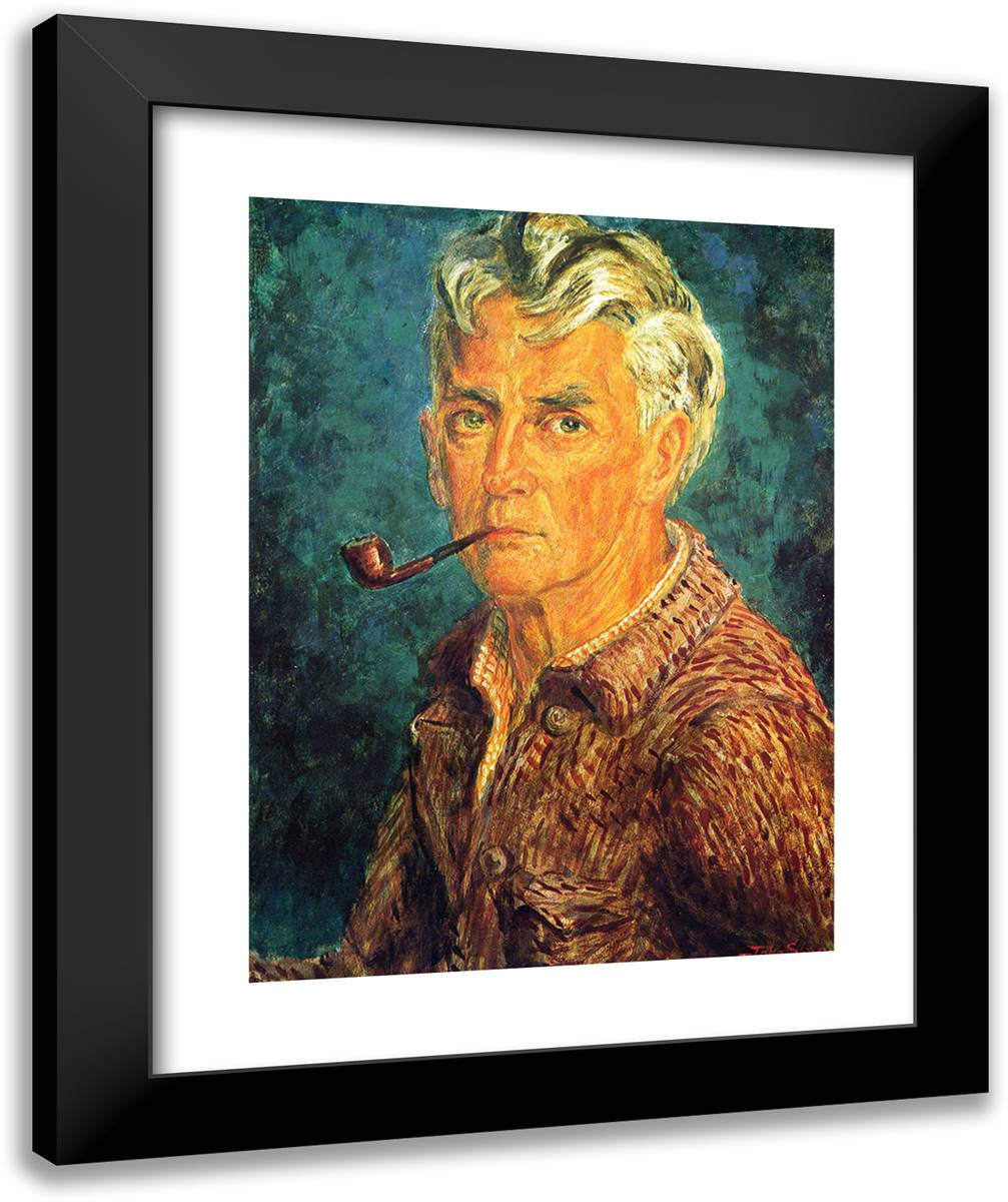 Self-Portrait (Pipe and Brown Jacket) 20x24 Black Modern Wood Framed Art Print Poster by Sloan, John French
