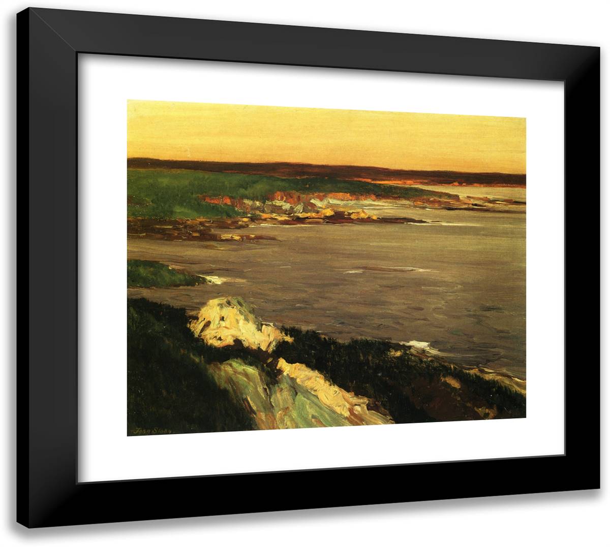 The Lookout Green and Orange Cliffs, Gloucester 22x20 Black Modern Wood Framed Art Print Poster by Sloan, John French
