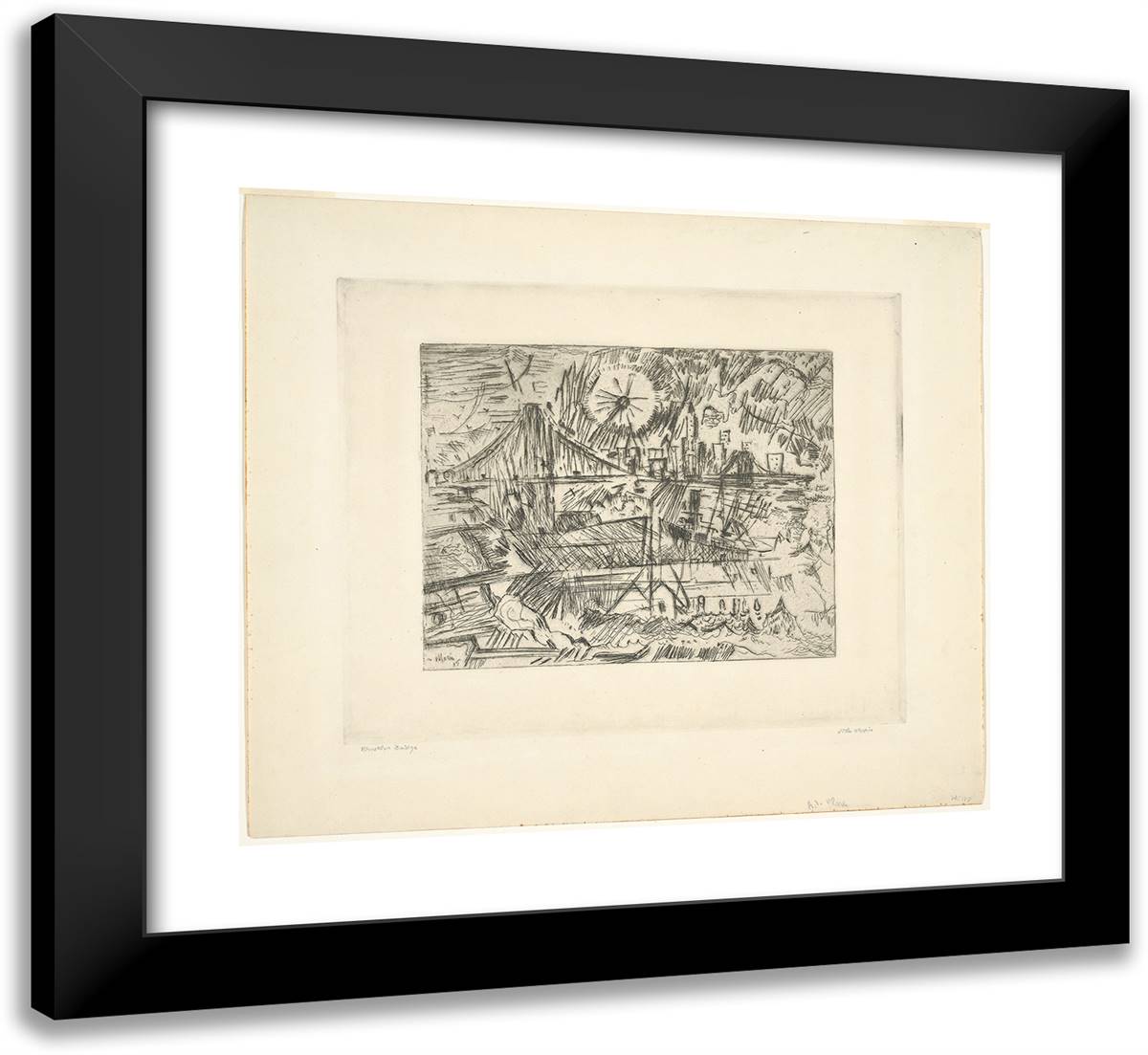 Brooklyn Bridge from Brooklyn (The Sun)_1 22x20 Black Modern Wood Framed Art Print Poster by Marin, John