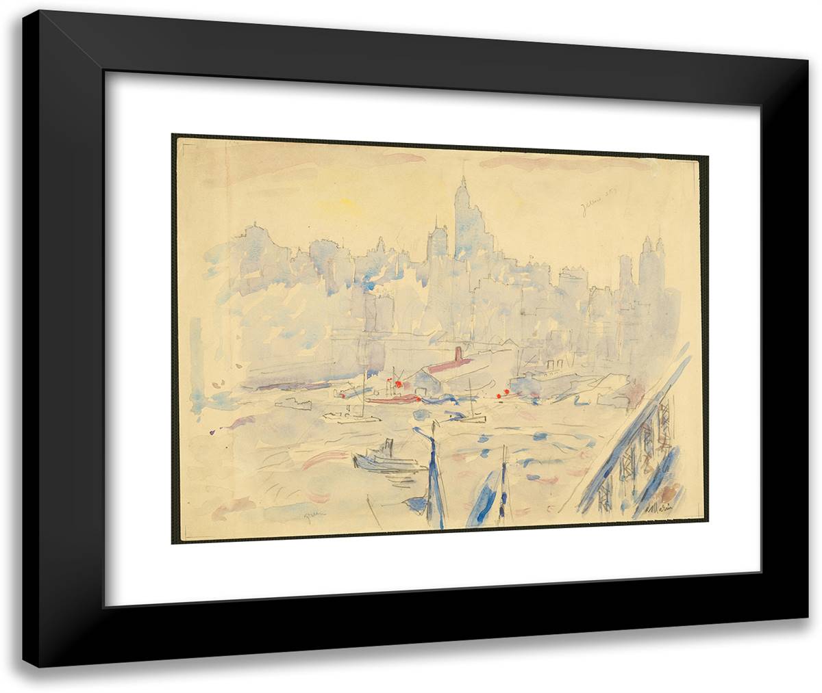 New York Skyline, Boats in Foreground 24x20 Black Modern Wood Framed Art Print Poster by Marin, John