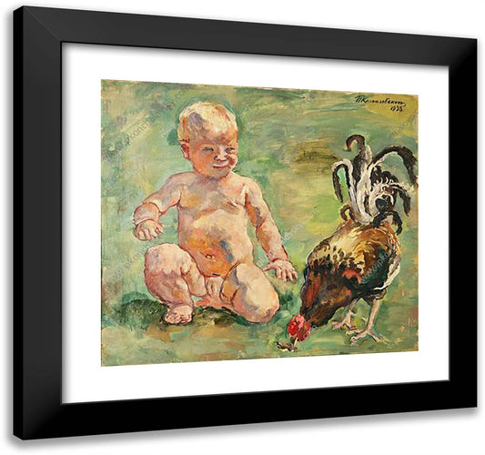 A Boy with a Cock 21x20 Black Modern Wood Framed Art Print Poster by Konchalovsky, Piotr