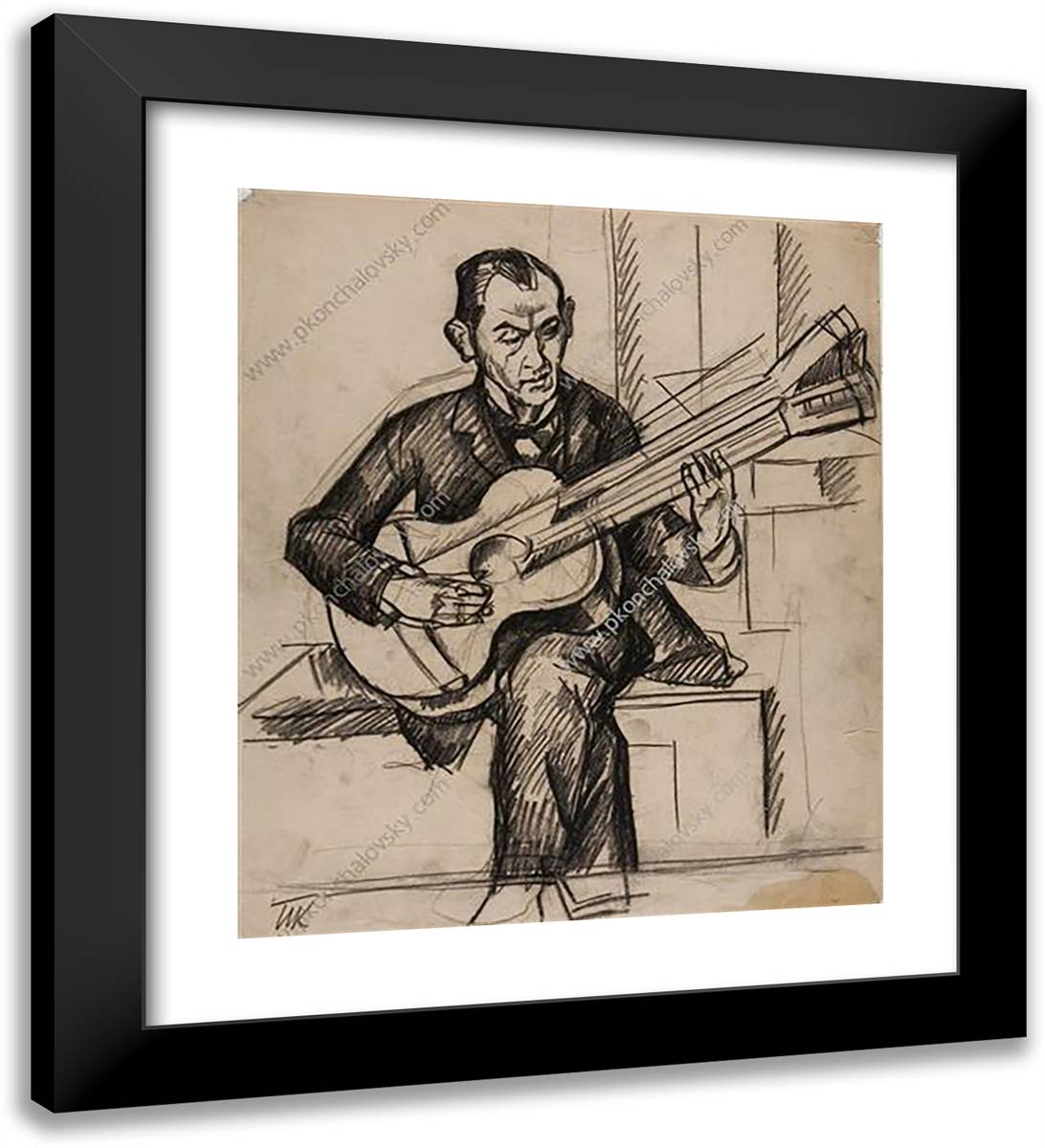 A Man with a Guitar 20x22 Black Modern Wood Framed Art Print Poster by Konchalovsky, Piotr