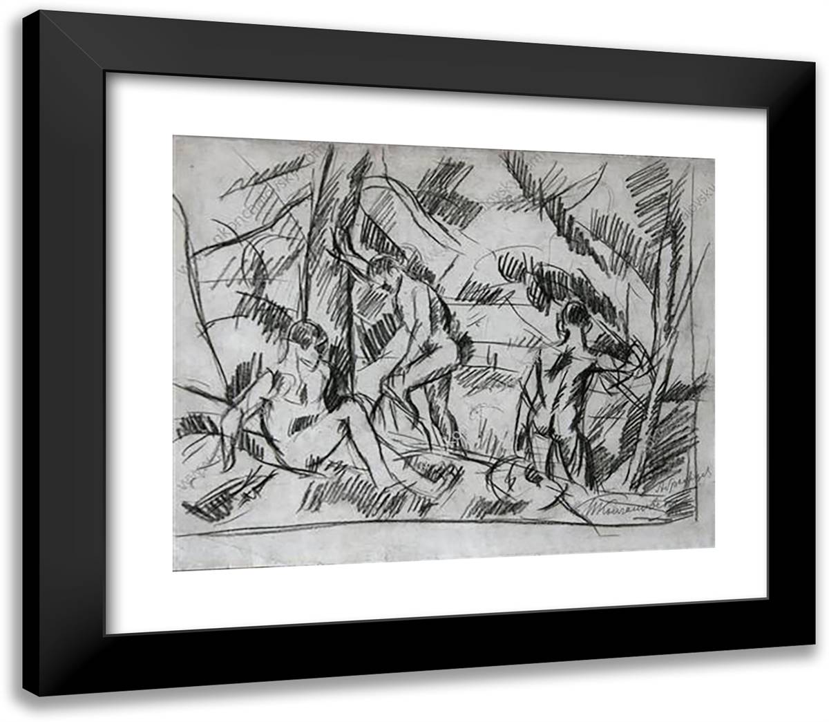 Abramtsevo. the Boys at the River. Drawing for the Painting 'Boys Bathing'. 23x20 Black Modern Wood Framed Art Print Poster by Konchalovsky, Piotr