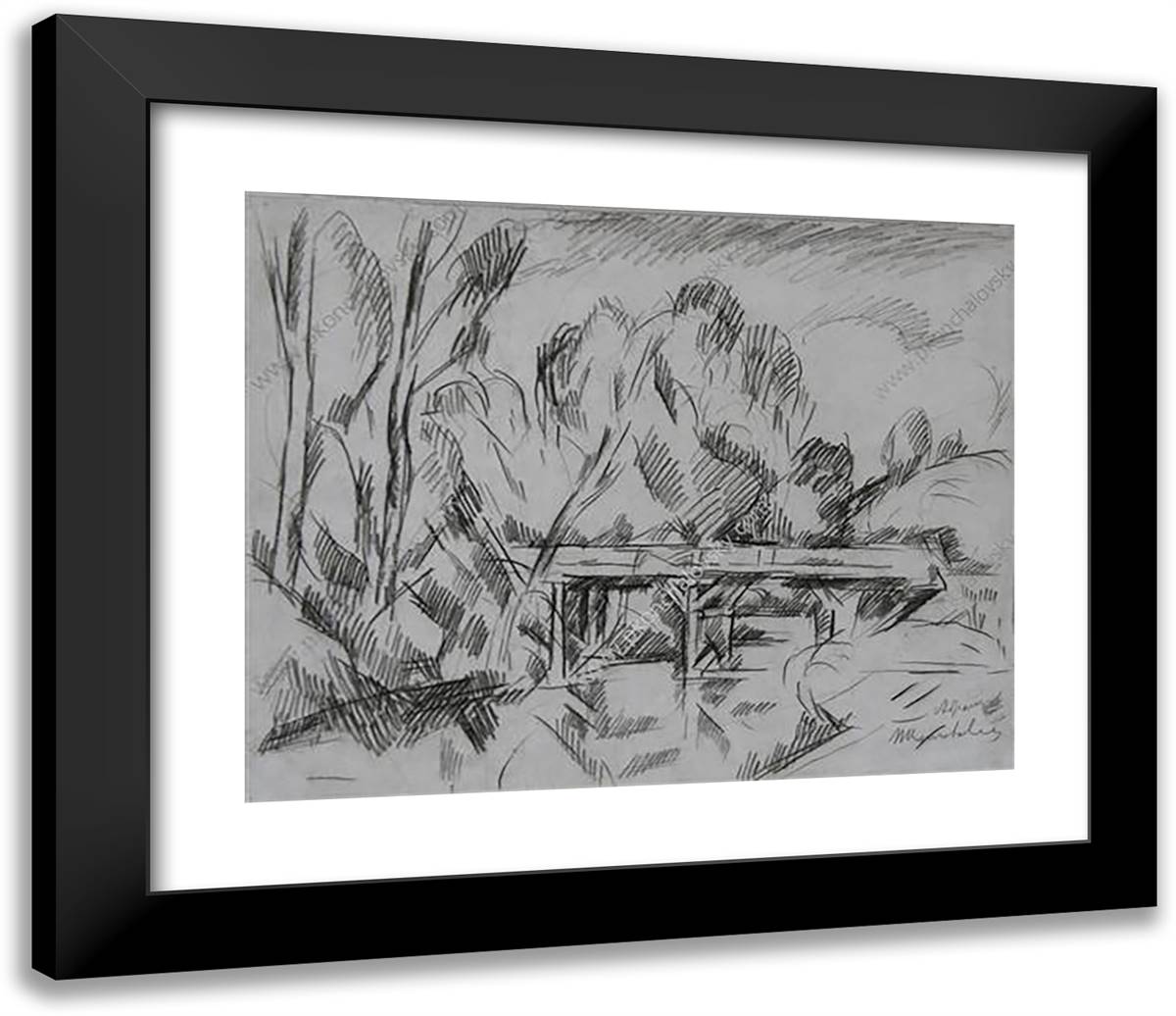 Abramtsevo. the Bridge. Drawing for the Painting 'Bridge in Abramtsevo'. 23x20 Black Modern Wood Framed Art Print Poster by Konchalovsky, Piotr