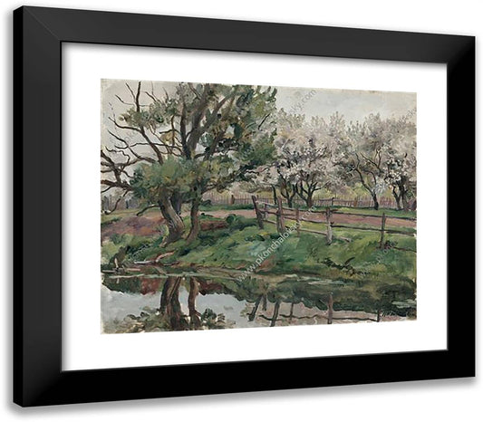 Grey Day. Blossoming Apple Trees by the Pond. 23x20 Black Modern Wood Framed Art Print Poster by Konchalovsky, Piotr