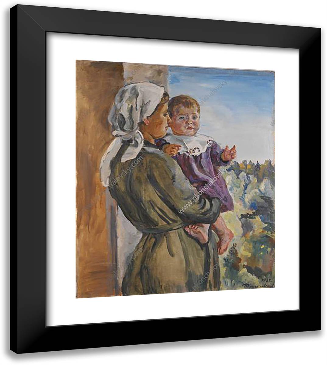 Katya on the Lap (A Nurse) 20x23 Black Modern Wood Framed Art Print Poster by Konchalovsky, Piotr