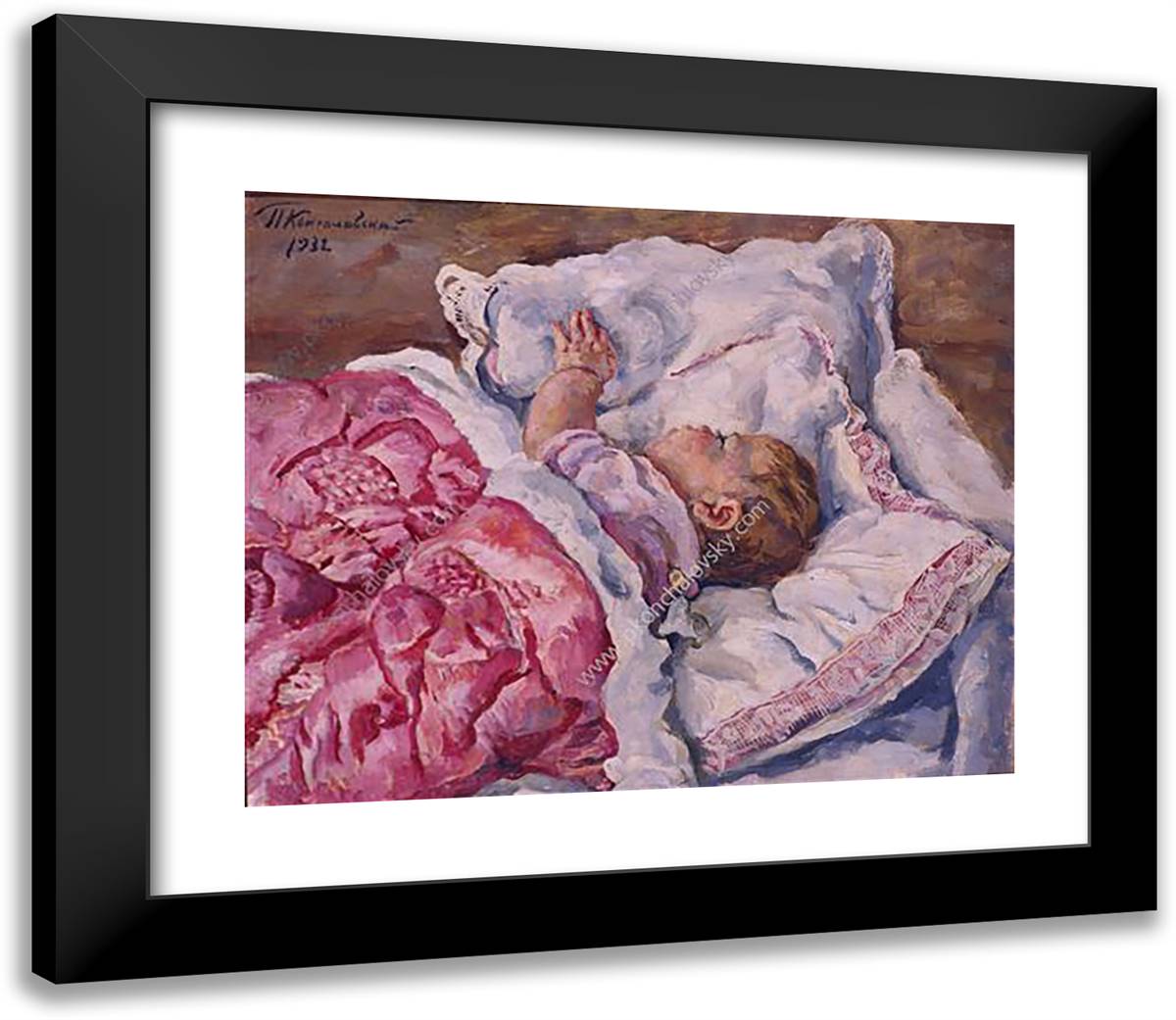 Katya Sleeping 23x20 Black Modern Wood Framed Art Print Poster by Konchalovsky, Piotr