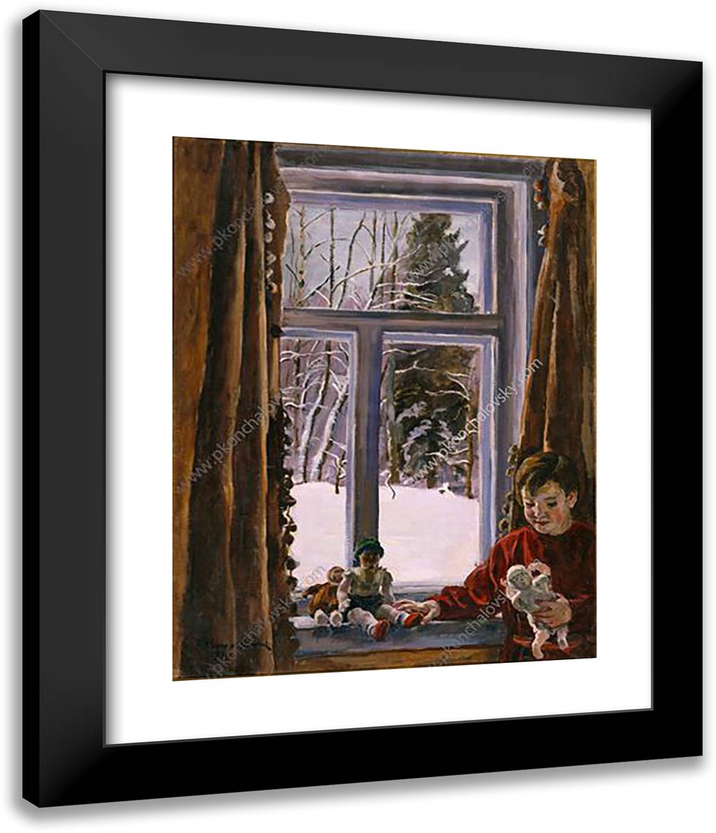 Katya with a Doll by the Window 20x24 Black Modern Wood Framed Art Print Poster by Konchalovsky, Piotr