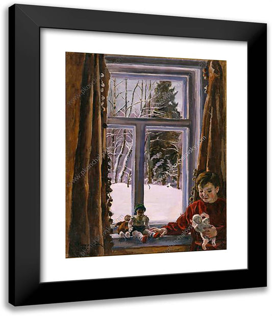 Katya with a Doll by the Window 20x24 Black Modern Wood Framed Art Print Poster by Konchalovsky, Piotr