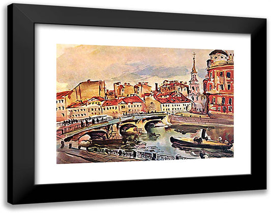 Leningrad. Bridge of Belinsky. Church of St. Simeon and Anna. 24x19 Black Modern Wood Framed Art Print Poster by Konchalovsky, Piotr