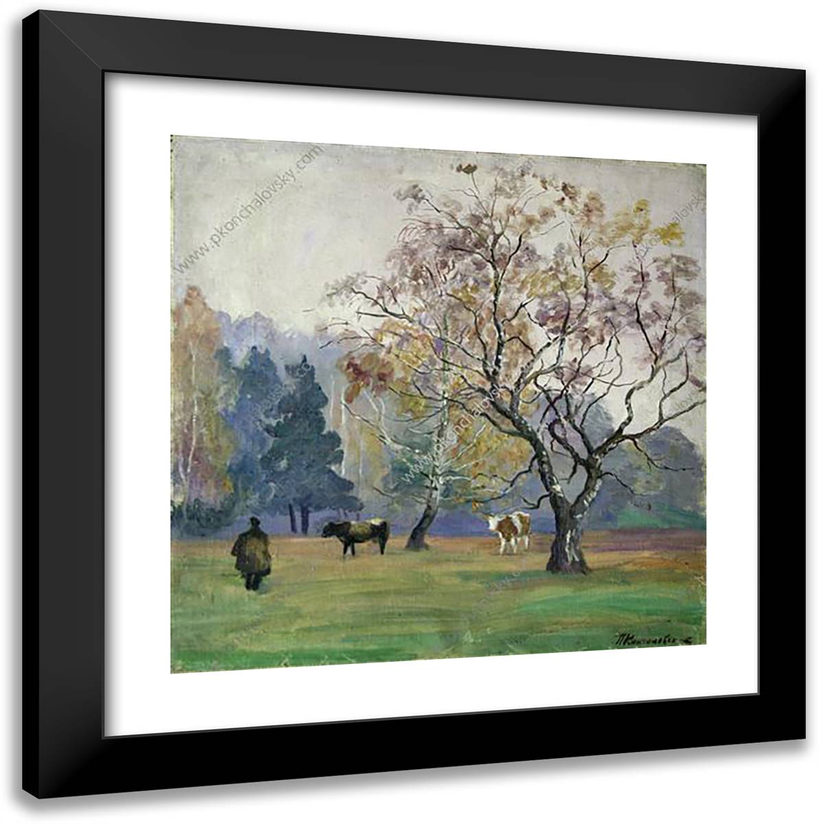 Mist. Landscape with Cows. 20x20 Black Modern Wood Framed Art Print Poster by Konchalovsky, Piotr