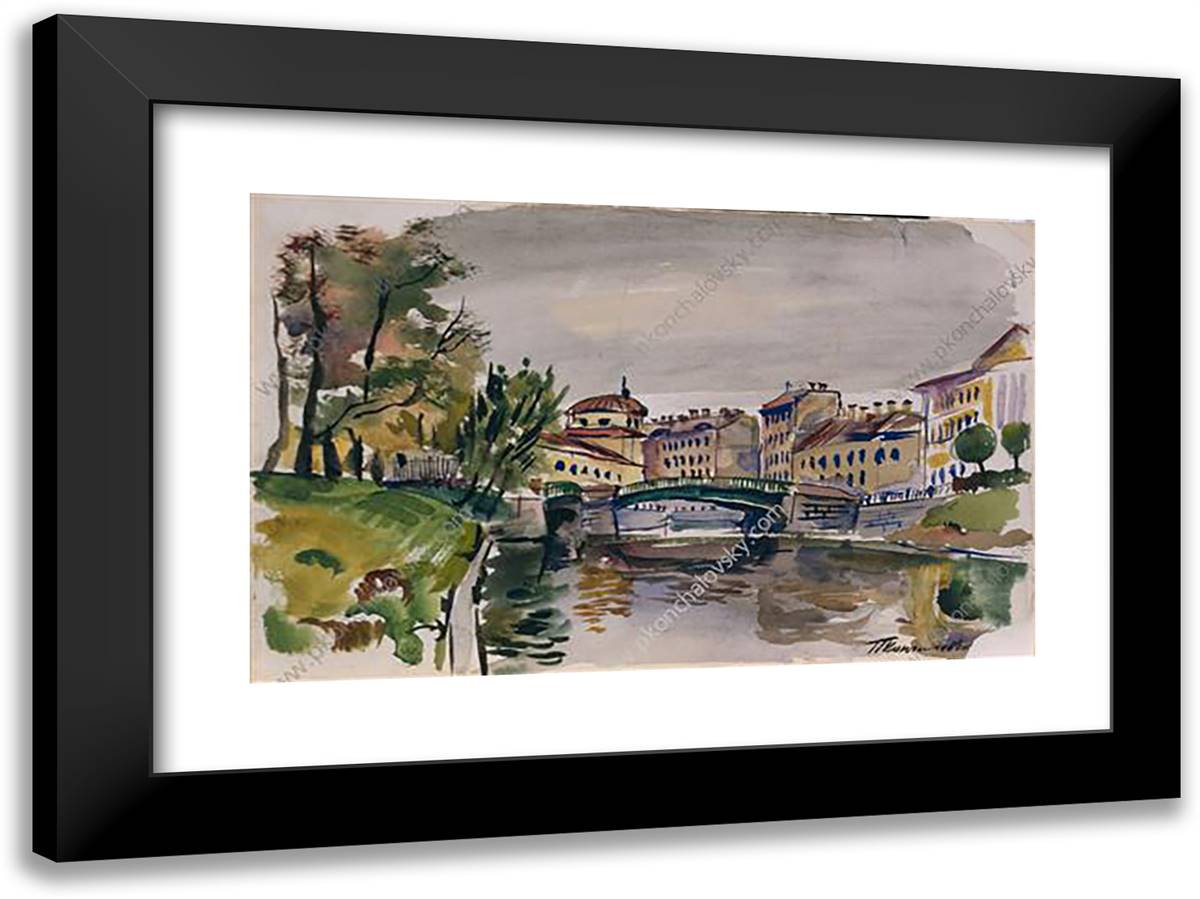 Moika. Three-Arch Bridge. 24x18 Black Modern Wood Framed Art Print Poster by Konchalovsky, Piotr