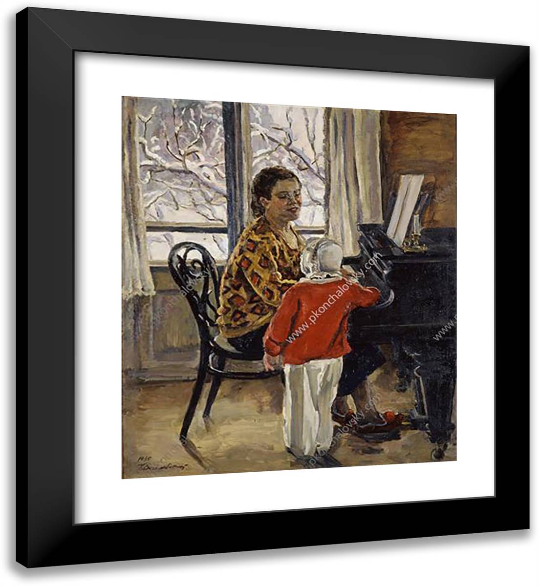 Natalia Petrovna with Katya at the Piano 20x22 Black Modern Wood Framed Art Print Poster by Konchalovsky, Piotr