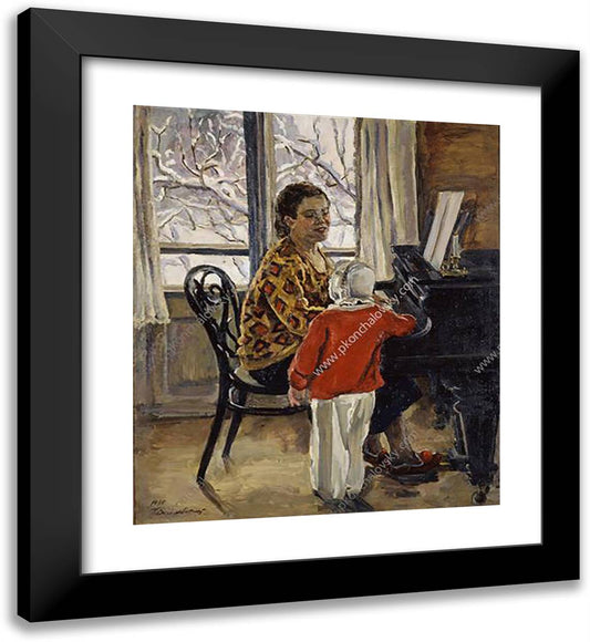 Natalia Petrovna with Katya at the Piano 20x22 Black Modern Wood Framed Art Print Poster by Konchalovsky, Piotr