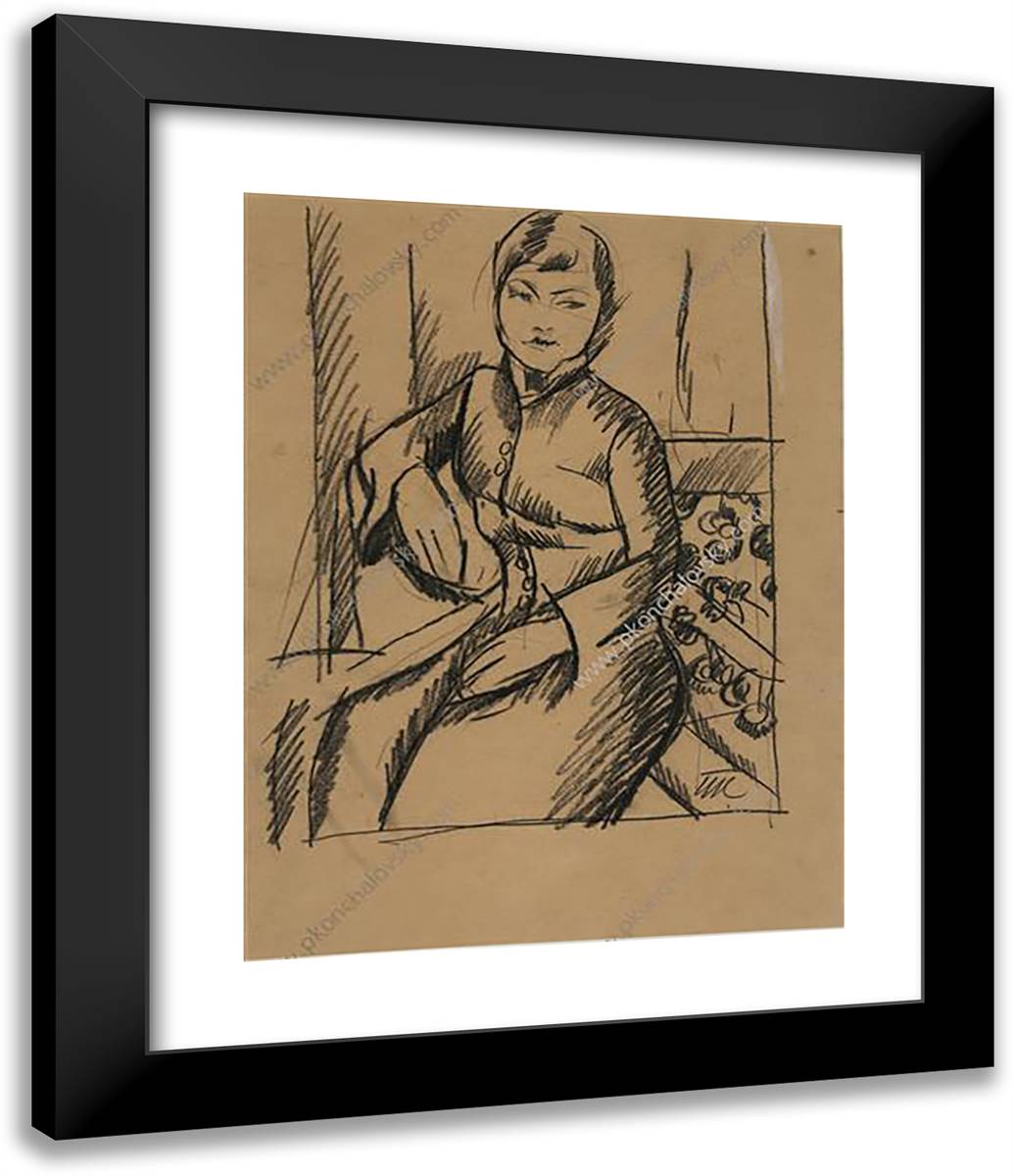Portrait of a Lady. Drawing for the Portrait of of Anna Emilevna Goncz. 20x24 Black Modern Wood Framed Art Print Poster by Konchalovsky, Piotr