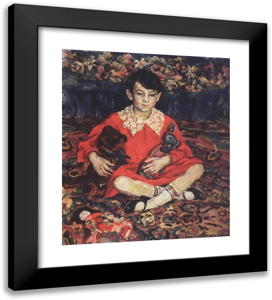 Portrait of Girl Sitting on a Colorful Carpet with the Toys. (Kamushka Benediktova). 20x22 Black Modern Wood Framed Art Print Poster by Konchalovsky, Piotr