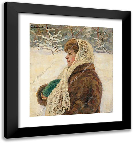 Portrait of Natalia Petrovna Konchalovskaya, Daughter of the Artist. Against the Backdrop of a Winter Landscape. 20x22 Black Modern Wood Framed Art Print Poster by Konchalovsky, Piotr