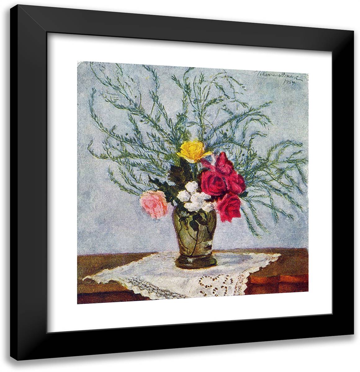 Roses and Asparagus 20x21 Black Modern Wood Framed Art Print Poster by Konchalovsky, Piotr