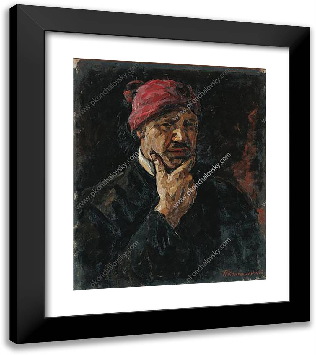 Self-Portrait (In Red Cap) 20x23 Black Modern Wood Framed Art Print Poster by Konchalovsky, Piotr