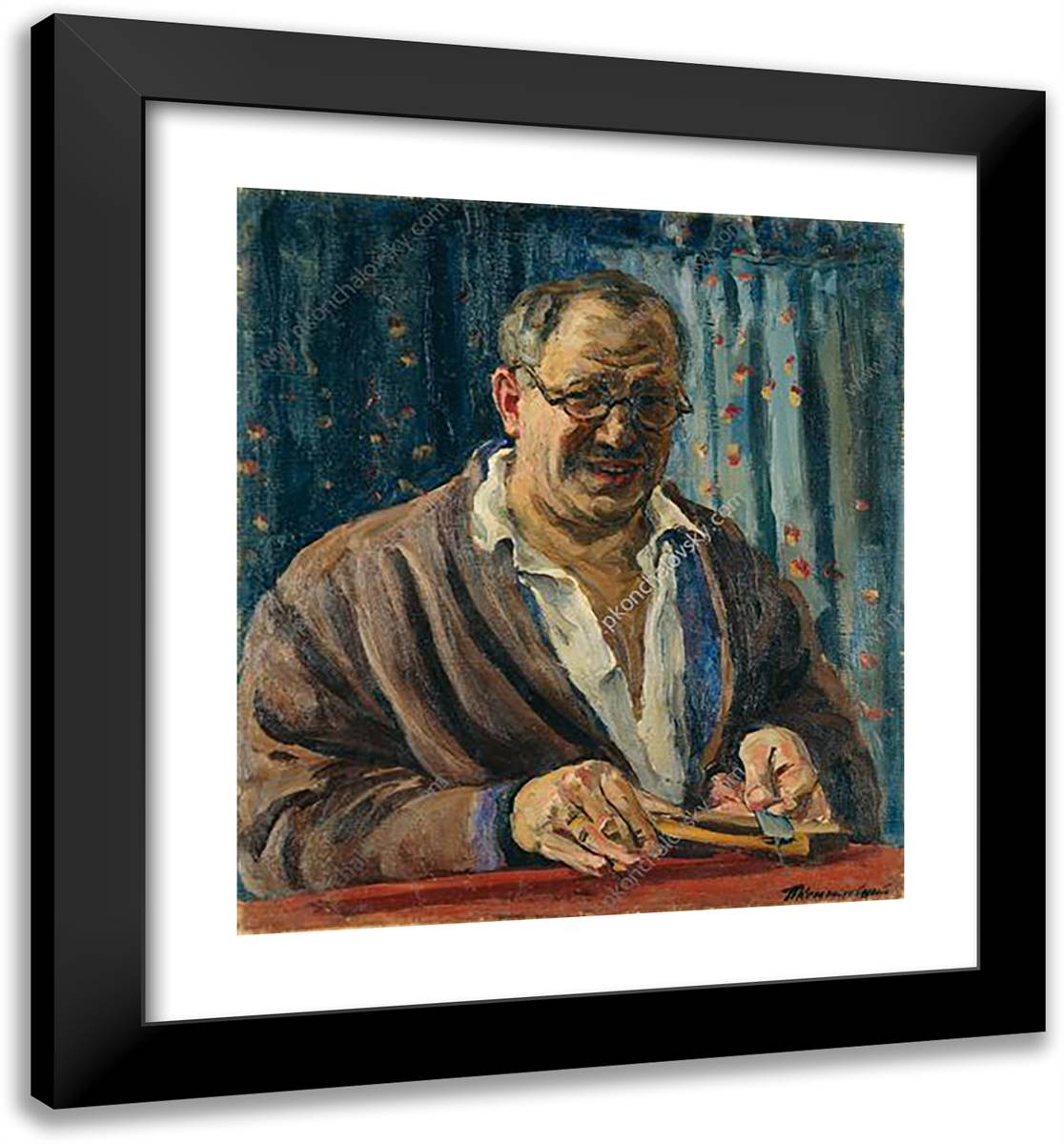 Self-Portrait (Sharpening a Razor) 20x22 Black Modern Wood Framed Art Print Poster by Konchalovsky, Piotr