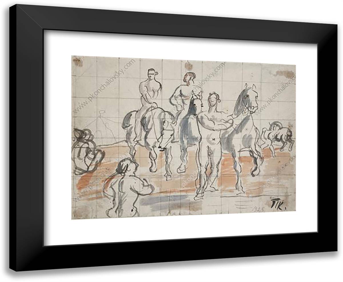 Sketch of Composition for the Painting 'Bathing Cavalry' 24x20 Black Modern Wood Framed Art Print Poster by Konchalovsky, Piotr