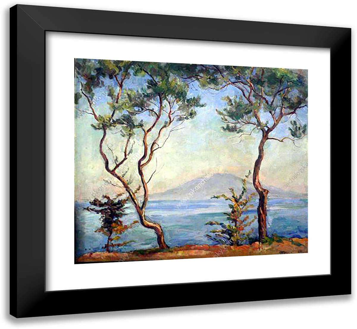 Sorrento. Mount Vesuvius. Two Olive Trees. 22x20 Black Modern Wood Framed Art Print Poster by Konchalovsky, Piotr