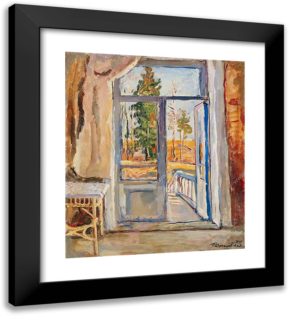 Spring. Open Door on the Balcony. 20x22 Black Modern Wood Framed Art Print Poster by Konchalovsky, Piotr